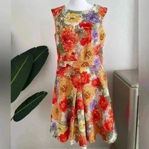 Danny & Nicole Sleeveless Gold Floral Pleated Pocket Flare Midi Dress 10 Large - Picture 1 of 7